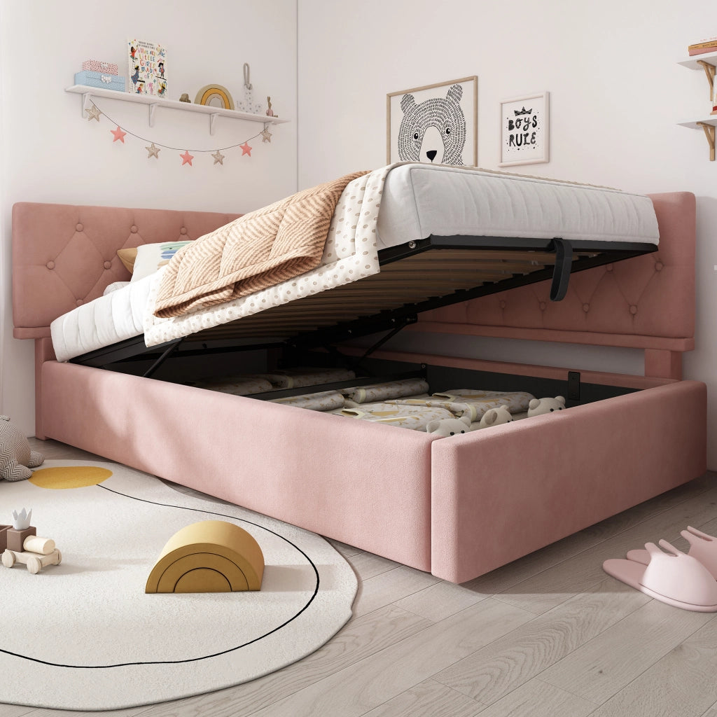 LETTO con contenitore 90x200 cm in velluto rosa