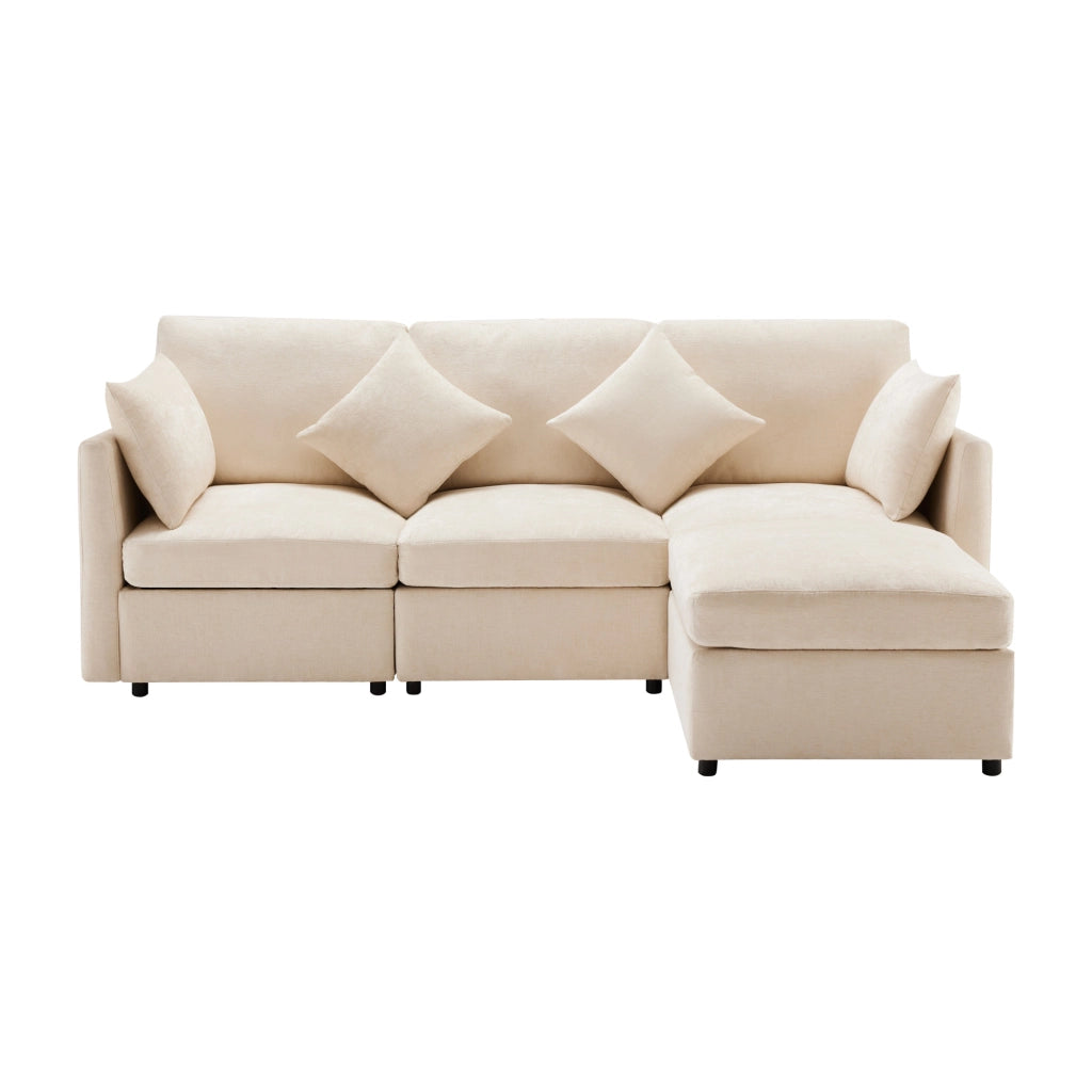 Divano angolare L convertibile in 3 posti - Zephmum - Modulare con pouf mobile e 4 cuscini in chenille, beige