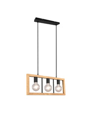 Lampada a sospensione 3 luci, legno e metallo, 60x150x8 cm, Agra