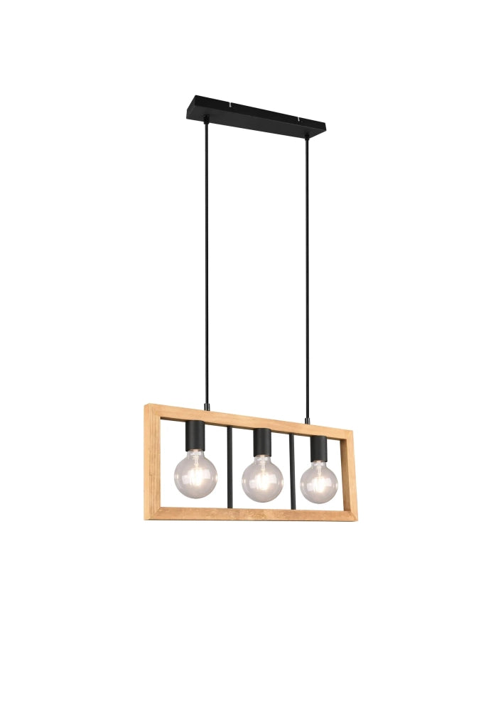 Lampada a sospensione 3 luci, legno e metallo, 60x150x8 cm, Agra