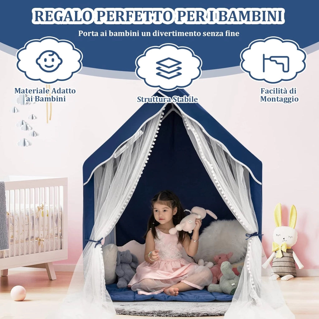 Tenda da gioco per Bambini, Casetta per Bambini da Interno con Tappetino Imbottito Rimovibile, Ideale per Bambini e Bambine, 105 x 121 x 137 cm (Blu)