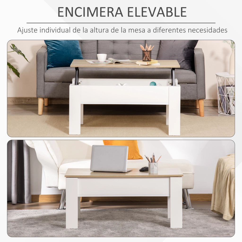 Tavolino da caff¨¨ con piano elevabile e vano contenitore ¨C Xylo ¨C Bianco e legno naturale 100x50cm