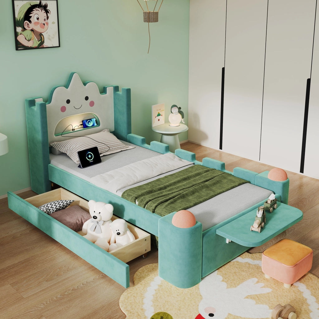LETTO a nuvola con lampada da lettura e USB 90x200 cm velluto blu/verde