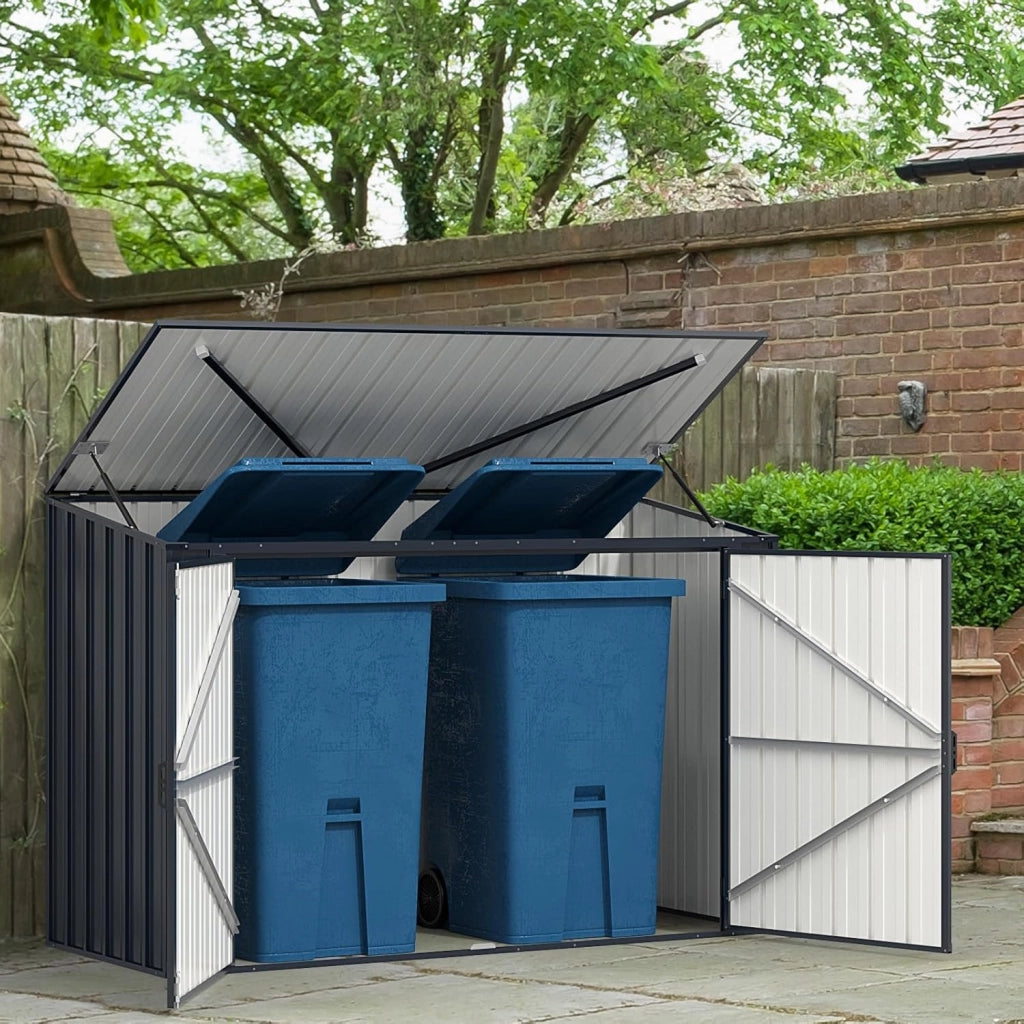 Casetta per Spazzatura Esterna 1,5 m², Capanno Attrezzi Giardino in Metallo Zincato Resistente alle Intemperie con Porta Bloccabile e Tetto Apribile, Struttura a Scatto Pratica