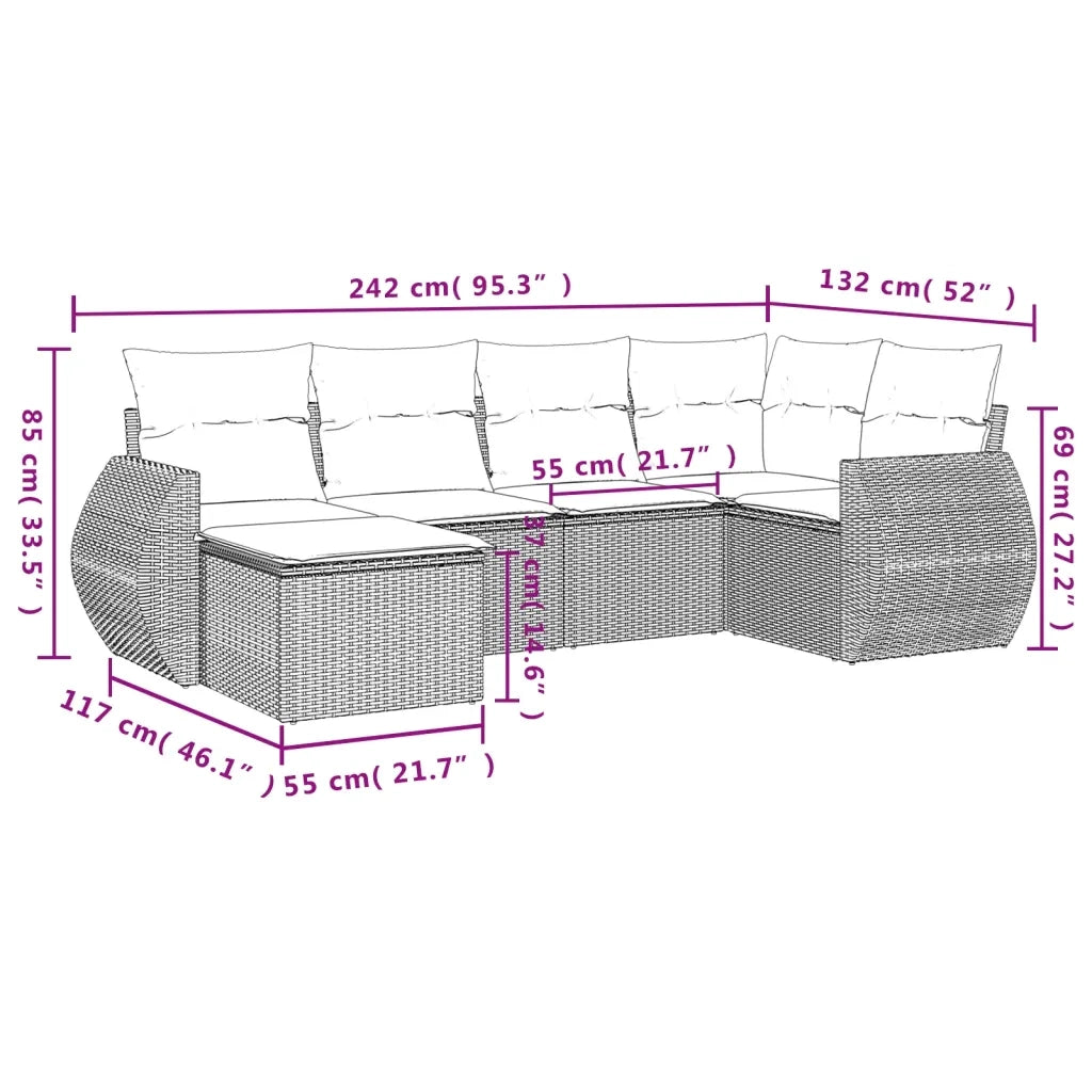 Set Divano da Giardino 6 pz con Cuscini Grigio in Polyrattan