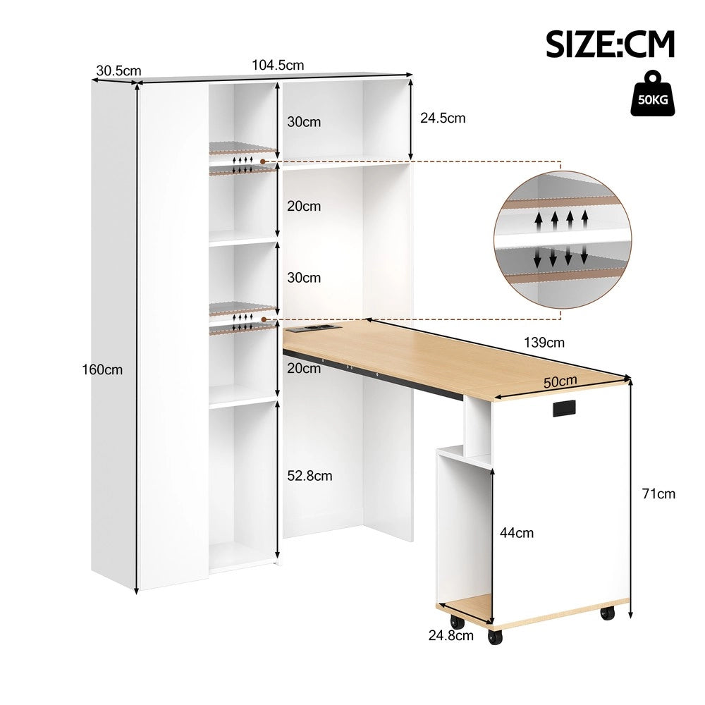 Scrivania Pieghevole con Libreria 2-in-1 ¨C Xylo ¨C Bianca, Ripiani Regolabili, Angolare, Presa USB