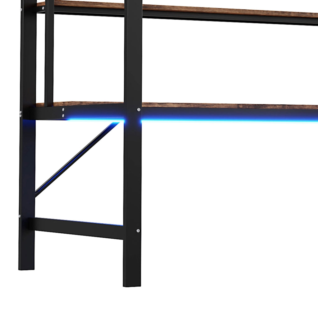 Letto a soppalco 90x200 cm con scrivania; mensole; USB e presa; metallo e MDF nero