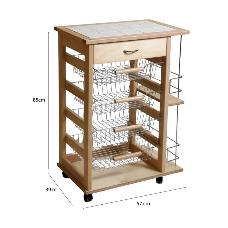 CARRELLO VESUVIO CON CASSETTO+PORTABOTTIGLIE NATURALEIN FAGGIO E BASE INFERIORE MULTISTRATO DI BETULLA 1 CASSETTO 4 CESTELLI