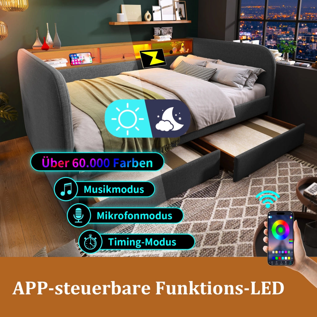 LETTO Imbottito 140x190 cm Grigio in Lino con LED, USB e 2 Cassetti