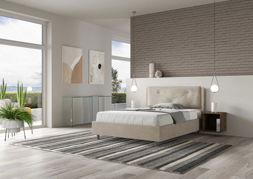 BS COM Letto matrimoniale francese con rete imbottito 140x190 microfibra sabbia Large