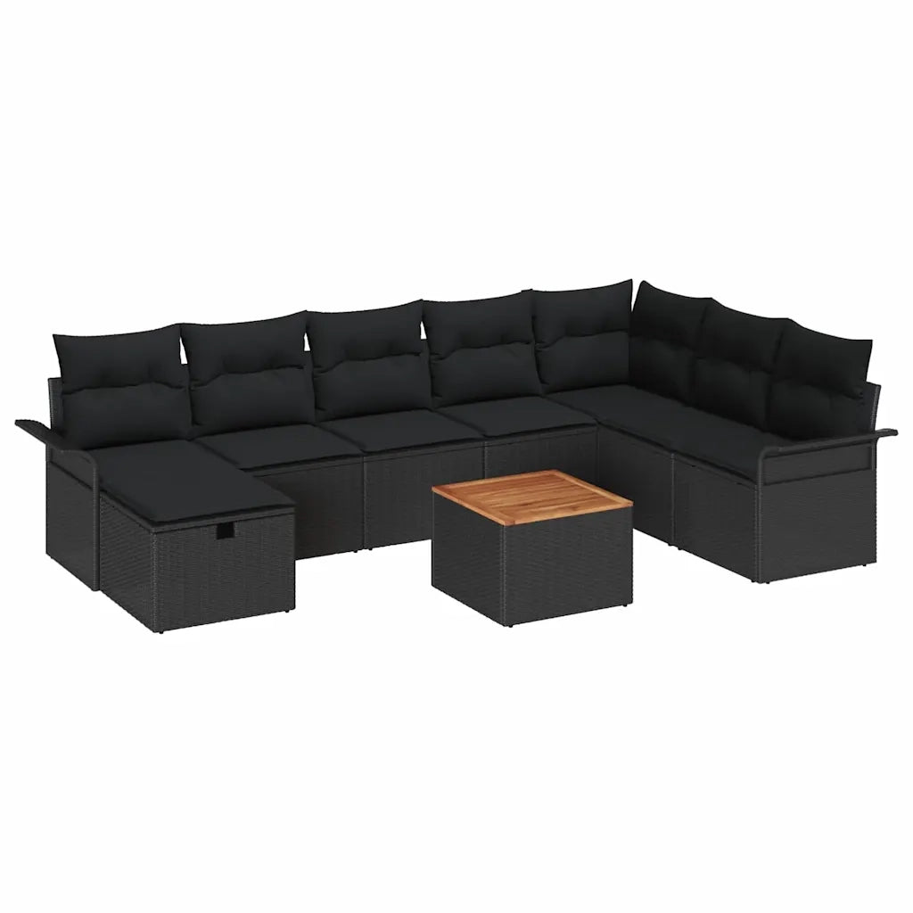Set Divano da Giardino con cuscino 9 pcs Nero polyrattan