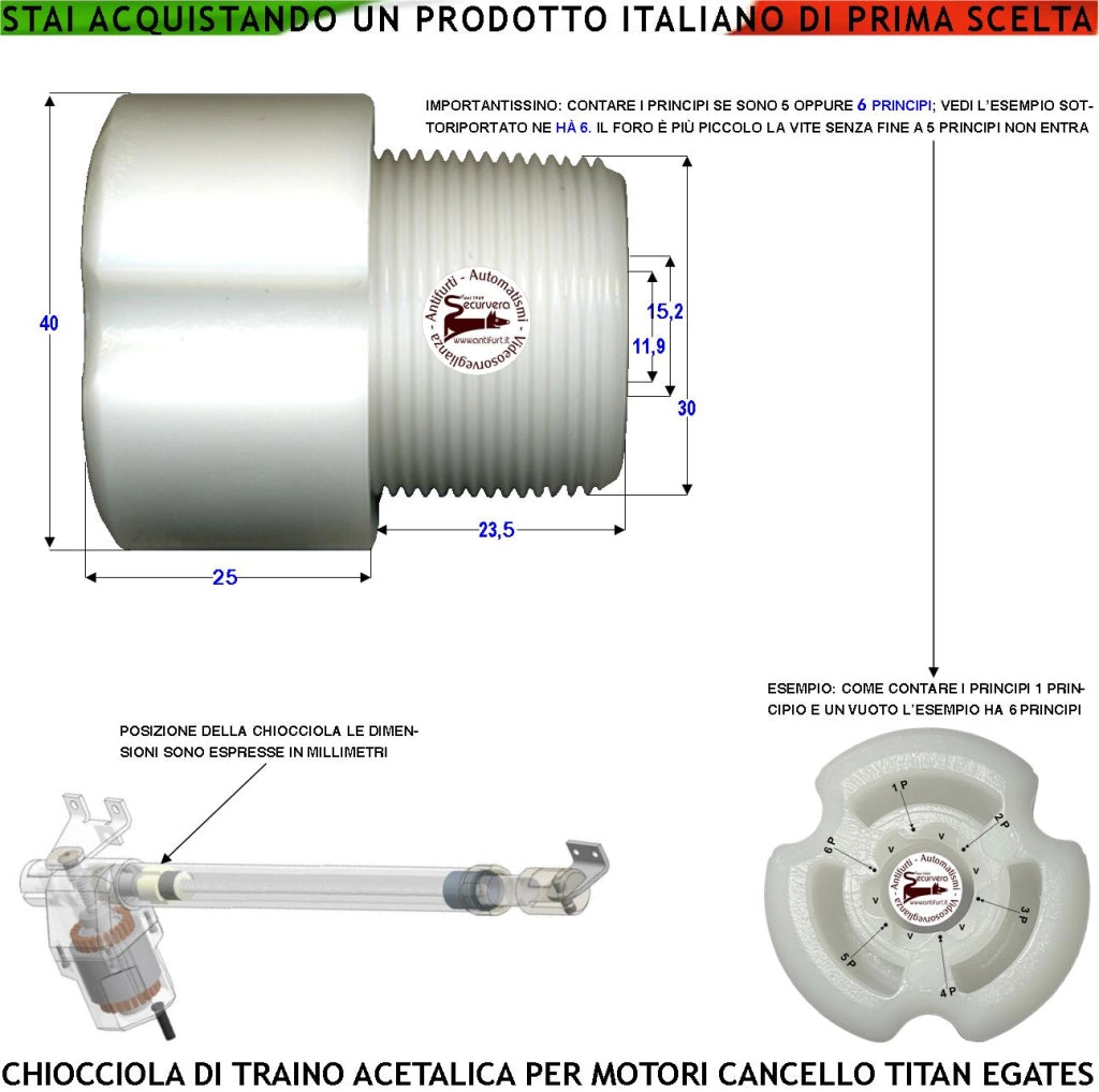 Boccola Acetalica Chiocciola 6 Principi Trainata dalla Vite Senza Fine fa Scorrere lo Stelo dei Pistoni Titan Apre e Chiude il Cancello Ricambio Dei Motori Elettrici Cancello Automatico Gates MPC GR