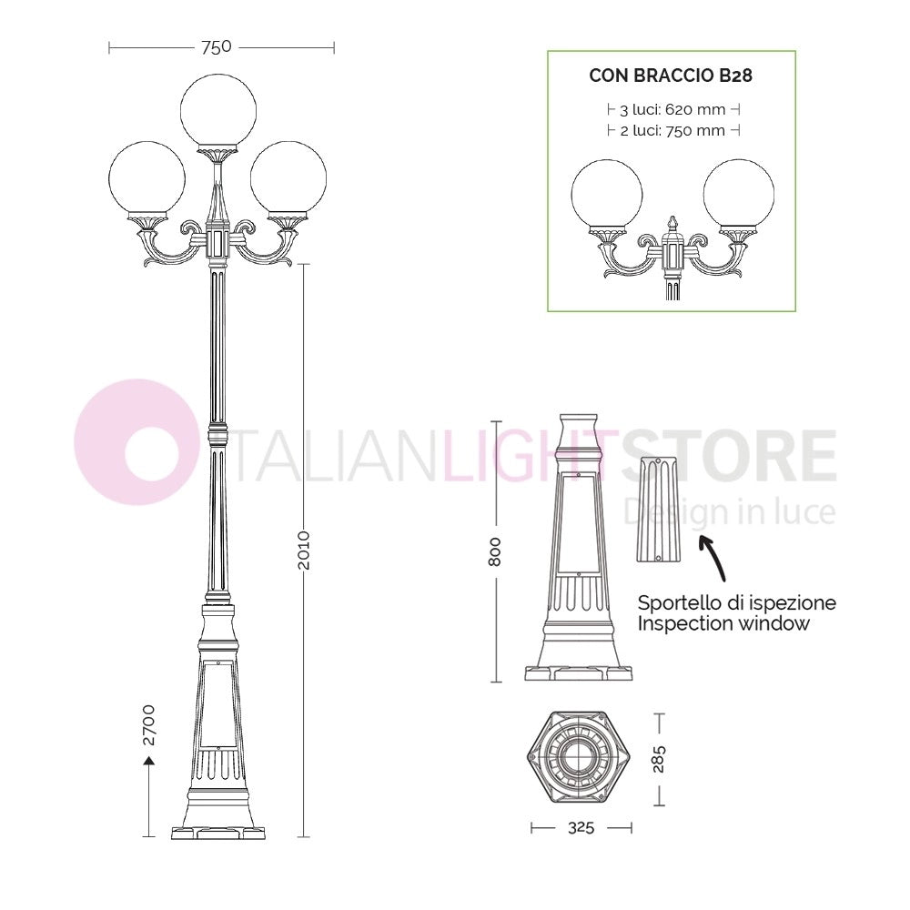 ORIONE ANTRACITE Lampione a 4 luci con rialzo  per Esterno Giardino con sfere globi policarbonato d.25