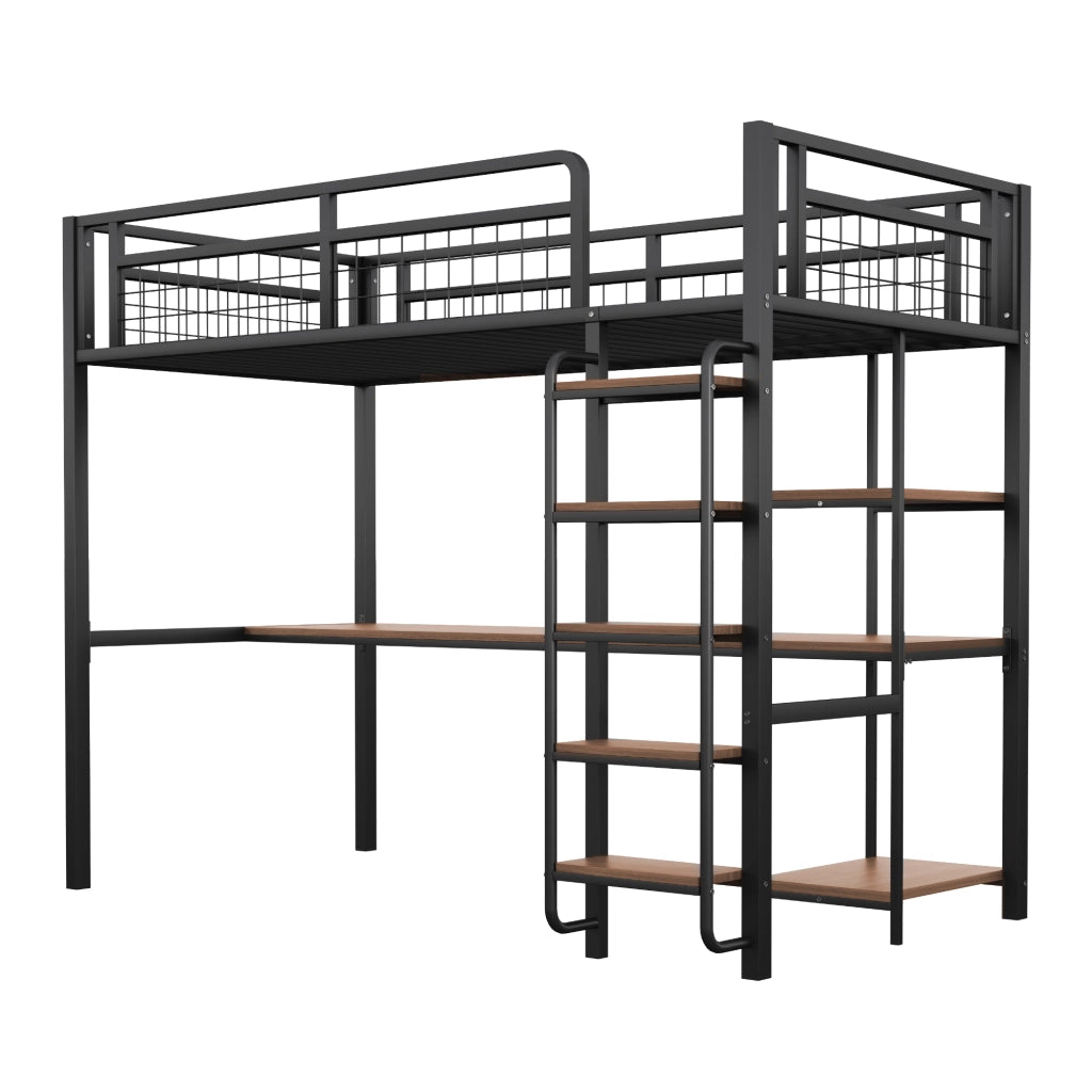 Letto a Soppalco Singolo con Scrivania e Ripiani ¨C MINIMAL ¨C Metallo Nero 90x200