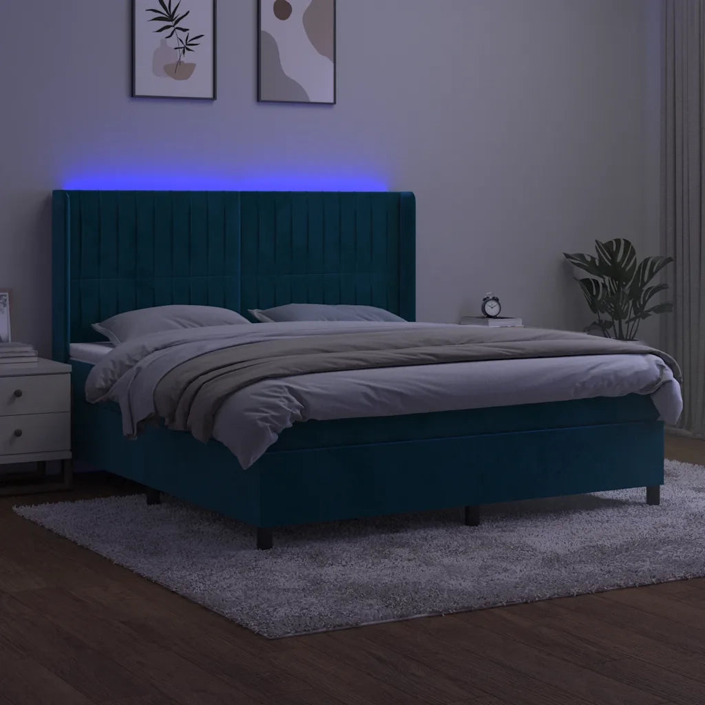 Letto a Molle con Materasso e LED Blu Scuro 160x200 cm 3139695