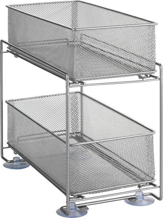 Organizzatore di alta qualità a 2 livelli con contenitori estensibili per la cucina, carrello da cucina in metallo verniciato, 35 × 33,5 × 18,5 cm, argento opaco