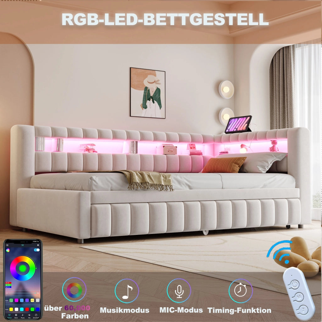 LETTO Divano letto trasformabile 90x200 cm in velluto beige con LED e USB