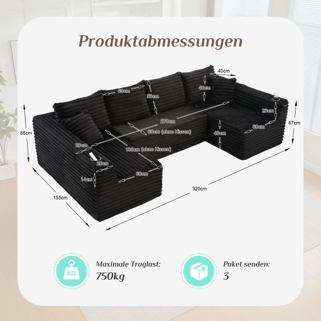 SOFA U-Forma 320x155x88 cm in Corduroy Nero