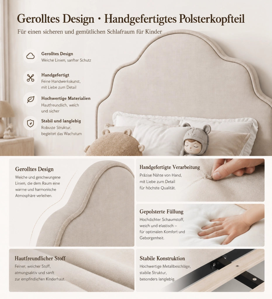 LETTO imbottito per bambini 90x200 cm beige in lino con rete inclusa
