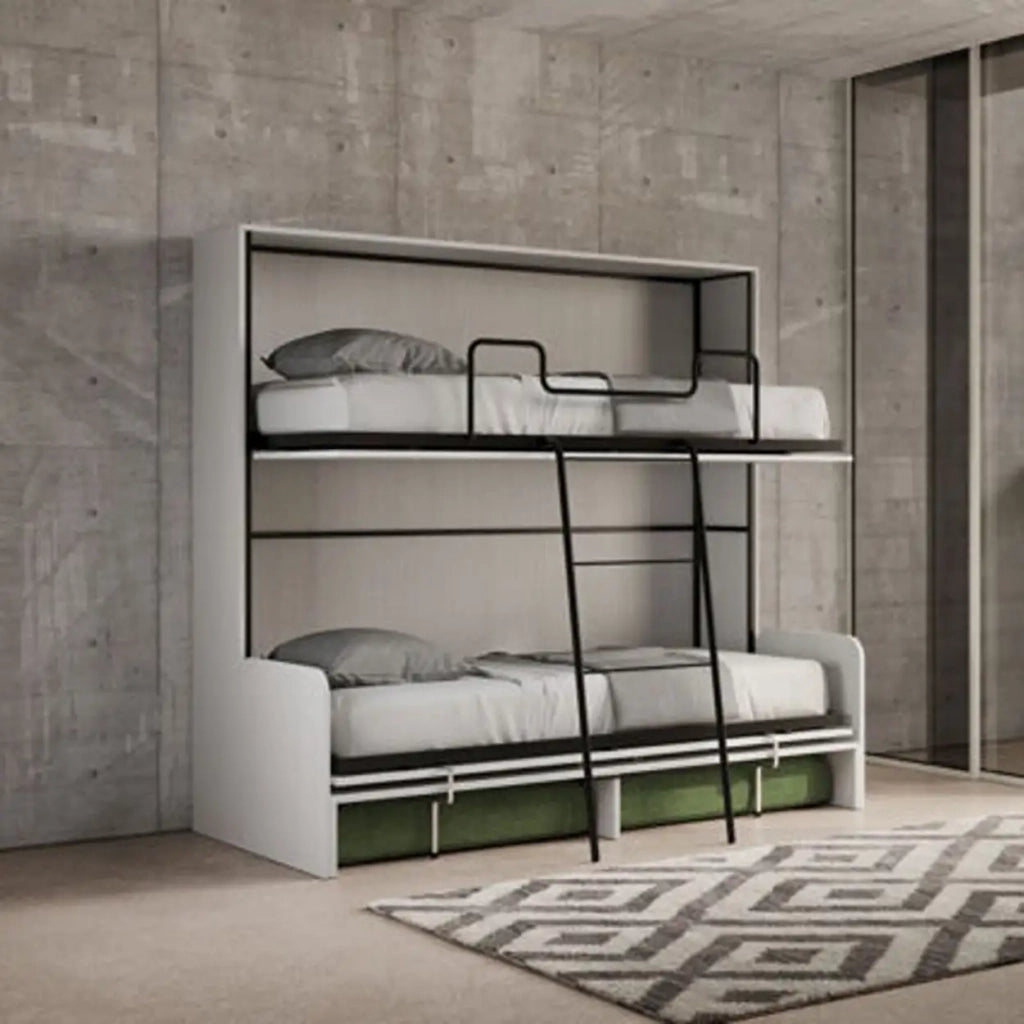 Letto doppio a scomparsa Kando con divano bianco frassino, verde