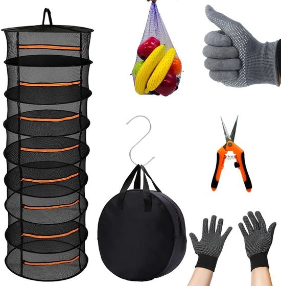 Droogrek a 8 strati 17 m - Raccoglitore di essiccazione a rete con chiodo - Trimmer con forbici - Tas di stoccaggio e guanti - Per l'essiccazione di semi, erbe, frutta