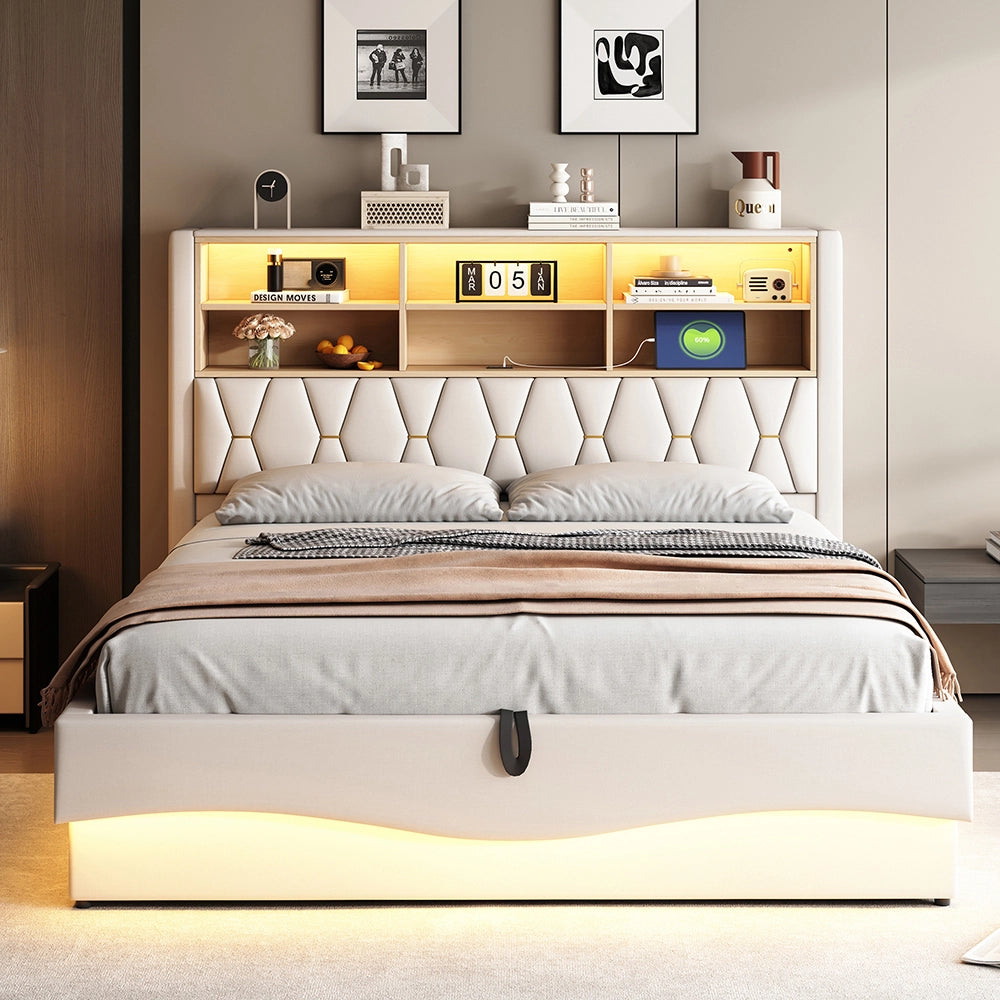 Letto-Xylo-180x200 cm-LED app, USB, metallo, lino beige