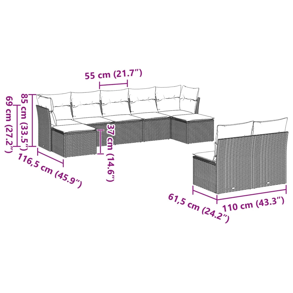 Set Divano da Giardino 9pz con Cuscini Grigio Chiaro Polyrattan 3218272