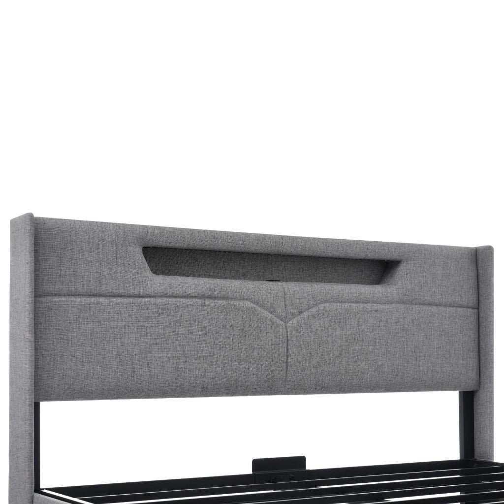 LETTO imbottito 140x200 cm in lino grigio con LED e USB, materasso incluso