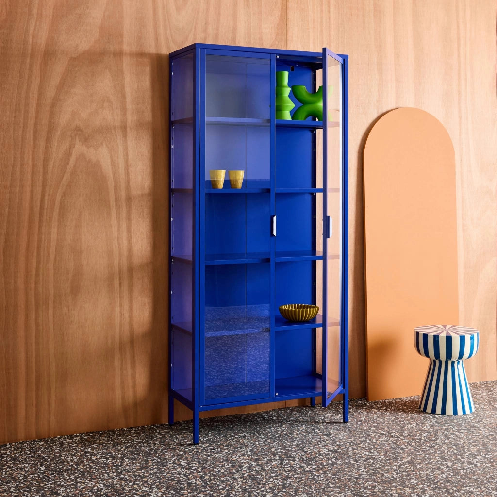 Credenza in acciaio e vetro temperato 2 porte, 180cm, blu