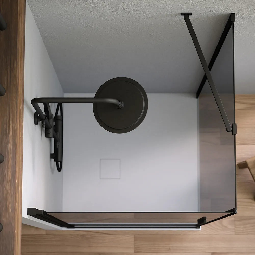 Box doccia 95x70cm con apertura a battente e parete fissa, profili nero opaco e vetro da 6mm fumè h195 | Elba
