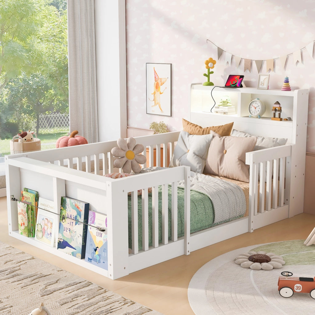 Letto multifunzione per bambini 90 x 190 cm con sponde alte, USB, luce notturna e vano contenitore, bianco