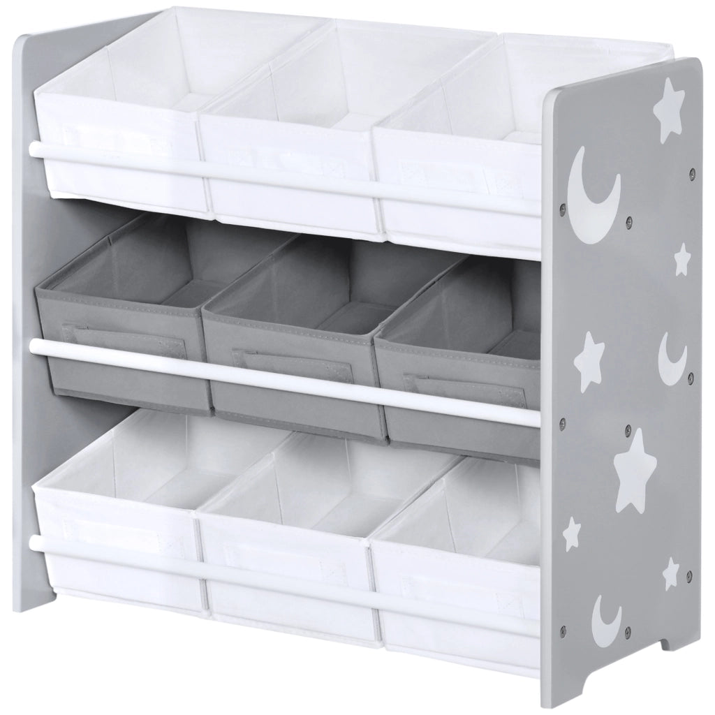 Mobiletto Portagiochi con 9 Cestini Rimovibili in MDF e Tessuto, 63x30x60cm, Grigio e Bianco