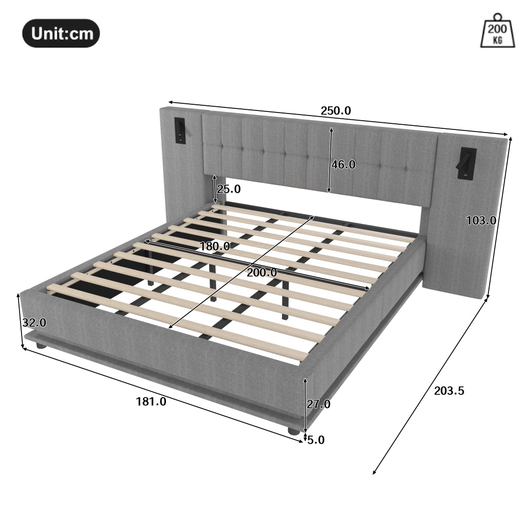 LETTO Imbottito 180x200 cm Grigio con LED, USB e spot, senza materasso