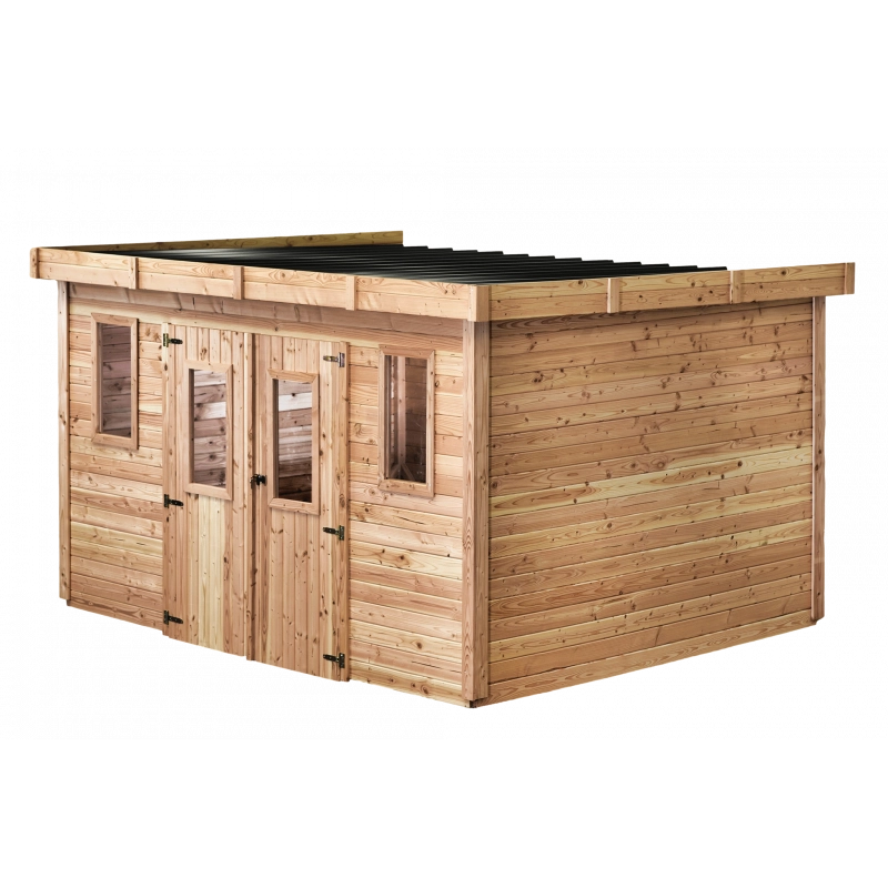 Casetta da giardino in legno 280x380 cm – Spessore pareti 28 mm – Tetto piano in acciaio – DIN4030.02 Foresta