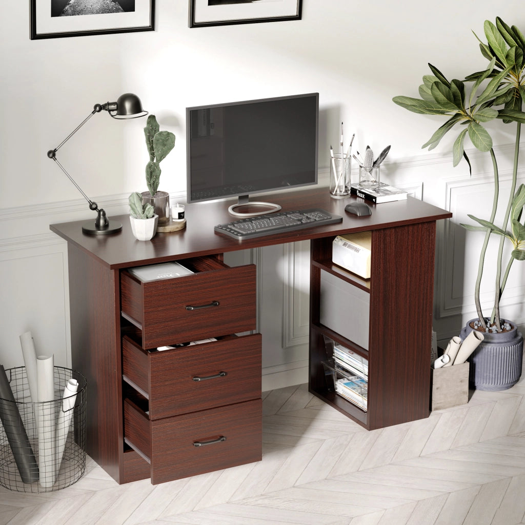 Scrivania computer con 3 cassetti e ripiani ¨C Minimal ¨C Nocce 120x49x72 cm