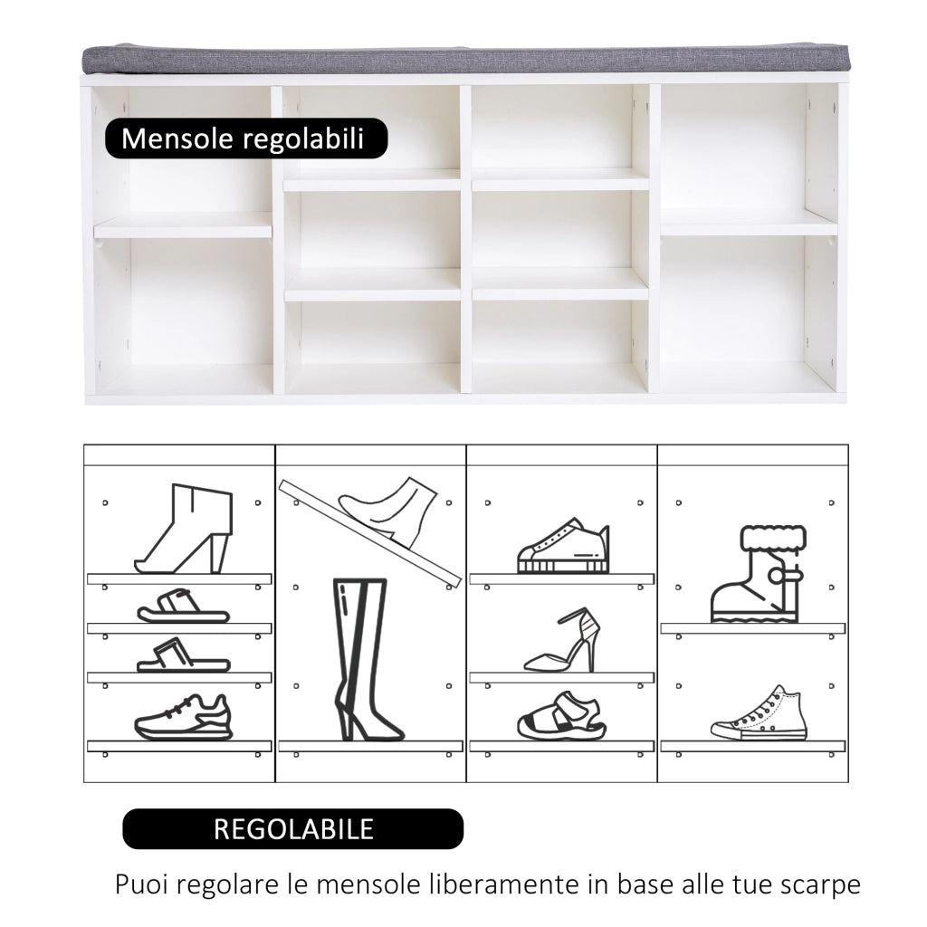 Scarpiera Panchina 8-10 Paia di Scarpe Ripiani Regolabili, Legno, Bianco, 104 x 30 x 48 cm