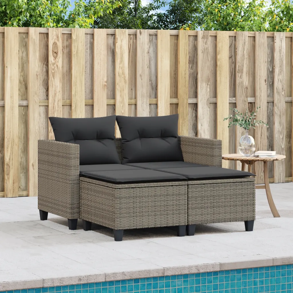 Divano da Giardino 2 Posti con Sgabelli-Sofa da Giardino-Divano da esterno Grigio in Polyrattan 194554