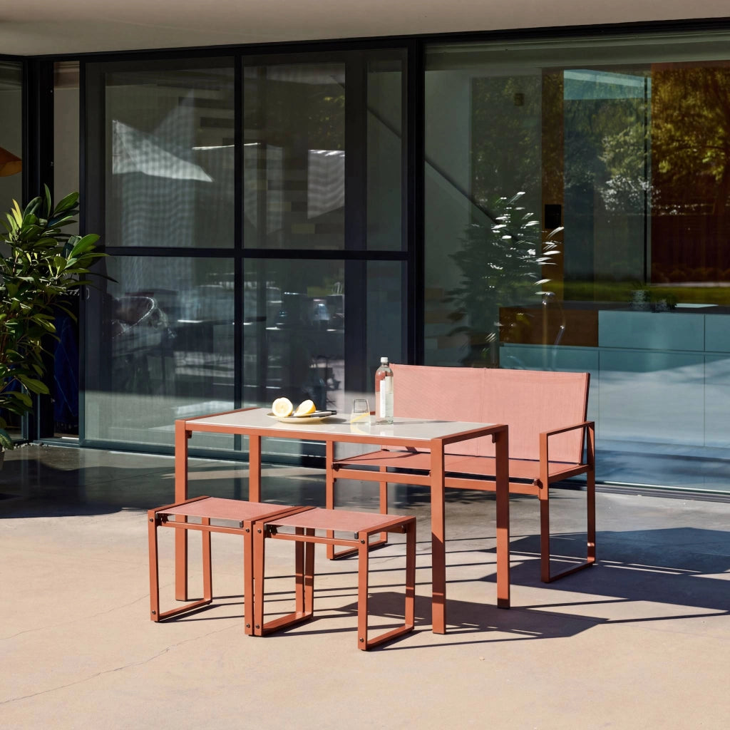 Set tavolo da giardino incastrabile in acciaio e textilene con 4