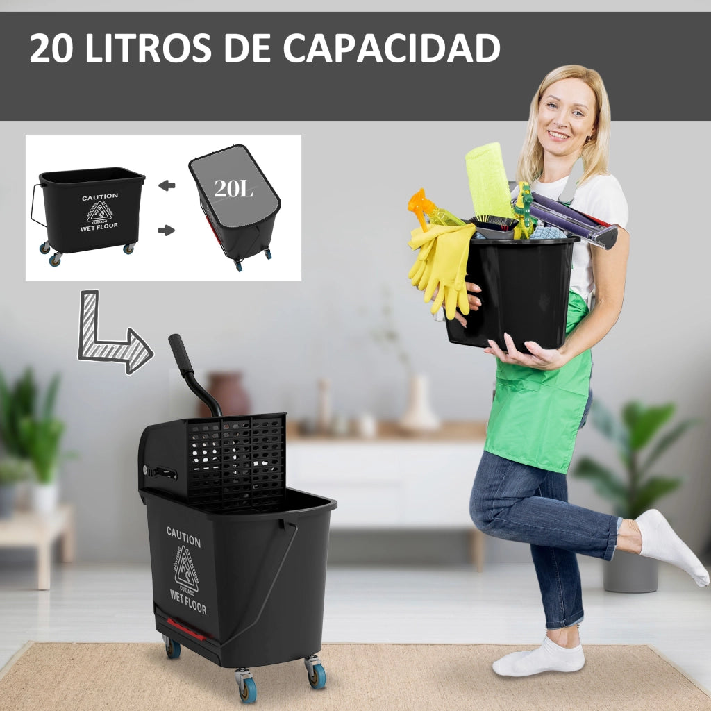 Secchio Lavapavimenti 20L con Ruote e Sgocciolatoio ¨C Zephmum ¨C Nero 60x27x70,5 cm
