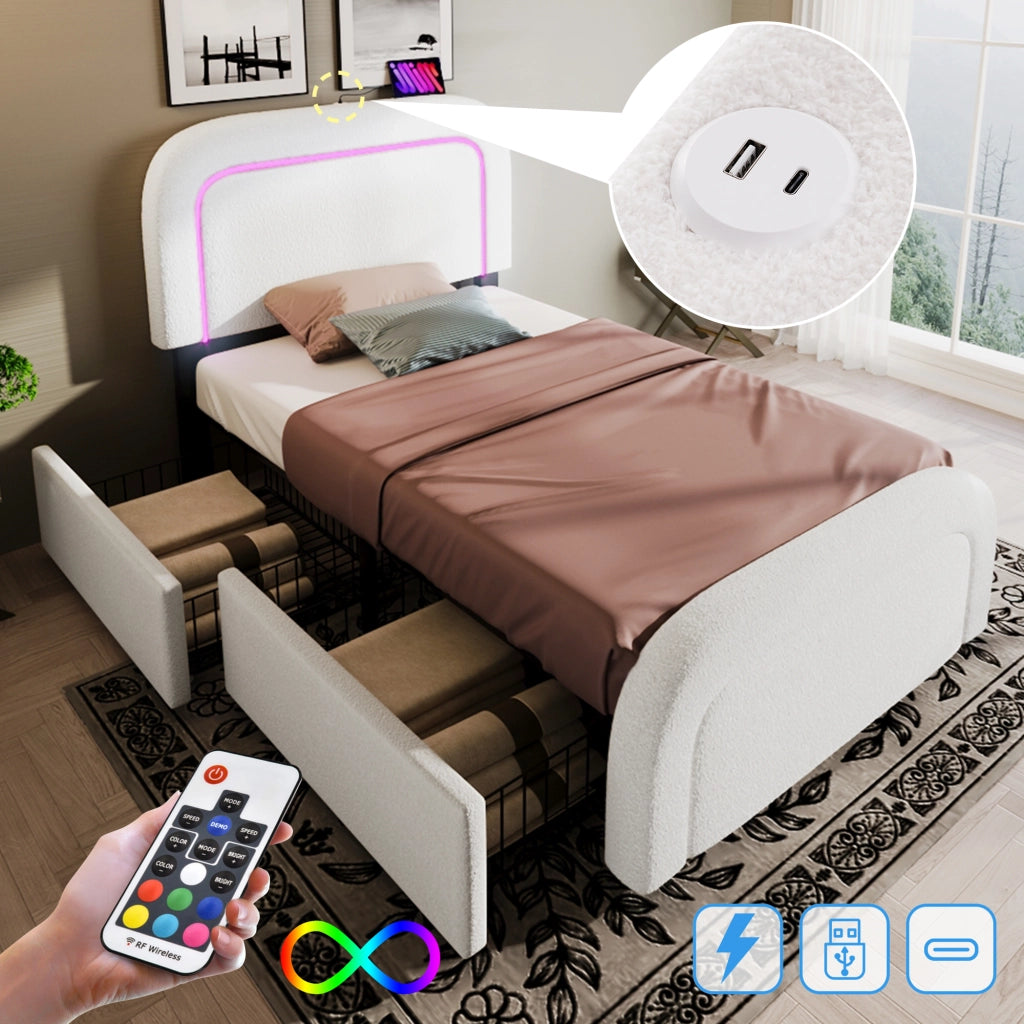 LETTO Singolo 90x200 cm Sherpa Bianco con USB Type-C, LED e 2 cassetti