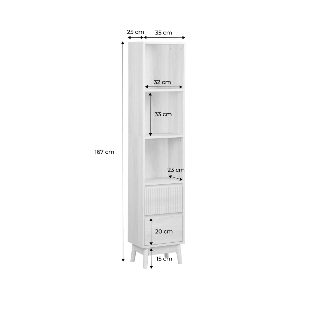 Colonna di stoccaggio decorativa in legno con 3 ripiani e 2 cassetti,