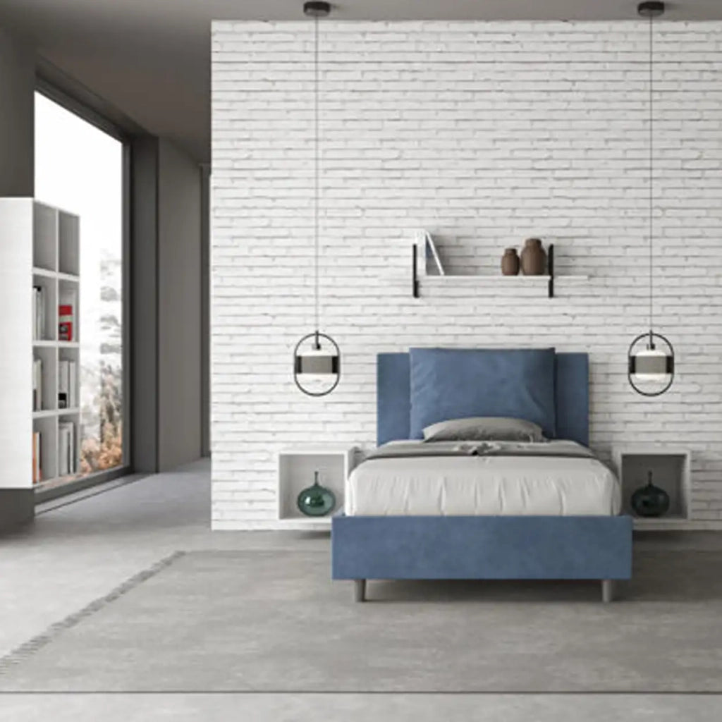 Letto una piazza e mezza con rete imbottito 120x200 microfibra blu Antea