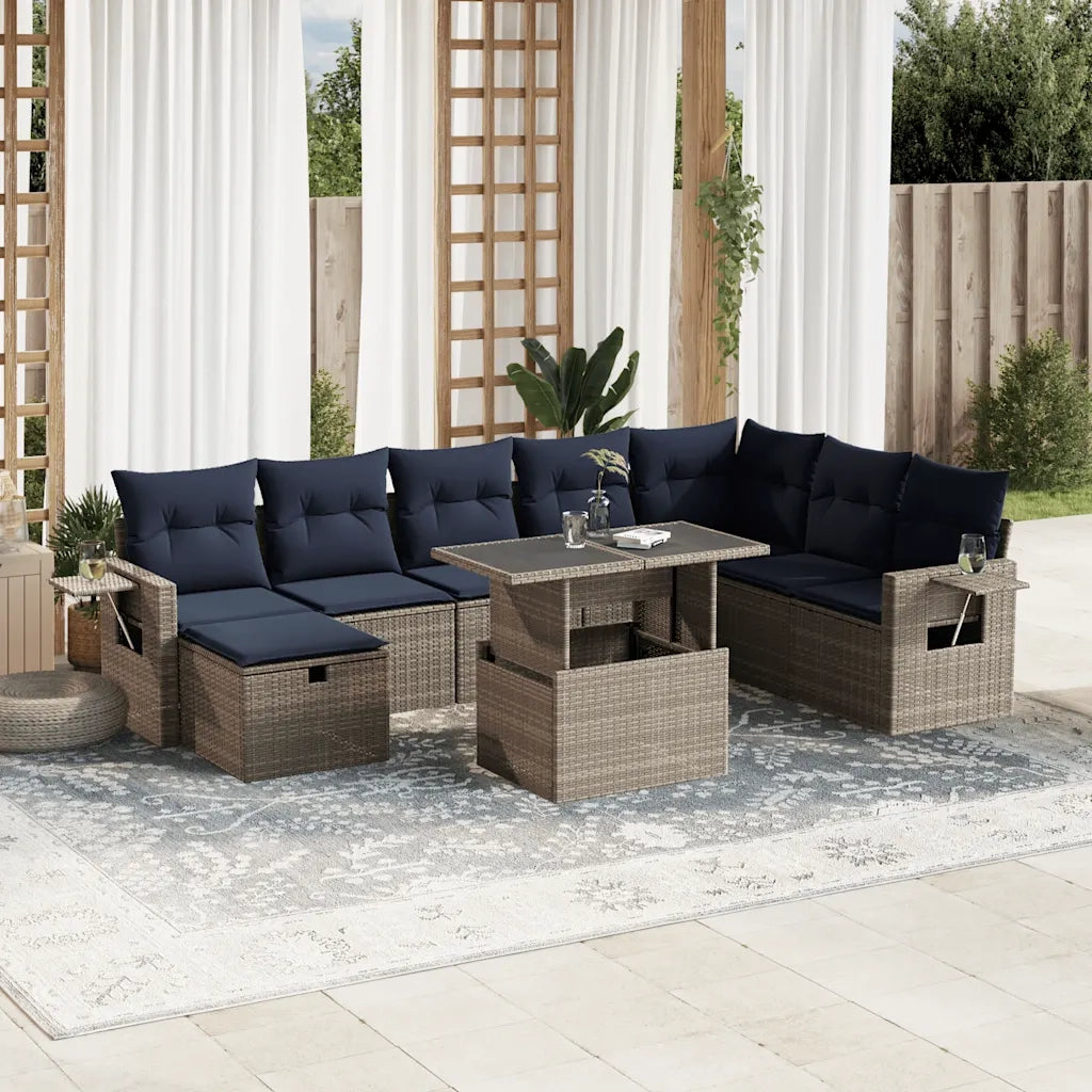 Set Divani da Giardino 9 pz con Cuscini Grigio in Polyrattan 3275031