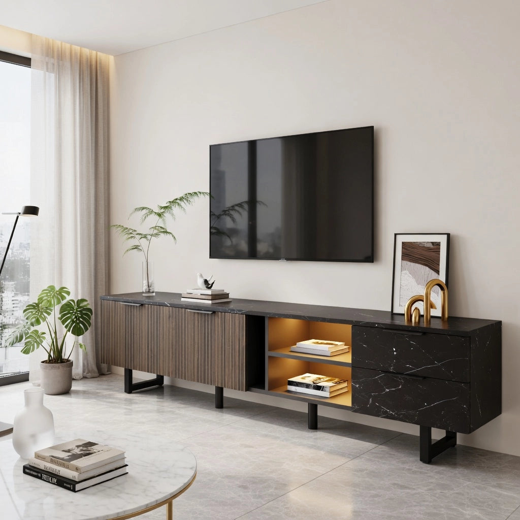 Cassettiera per TV nera e legno; in MDF; lunghezza 200 cm