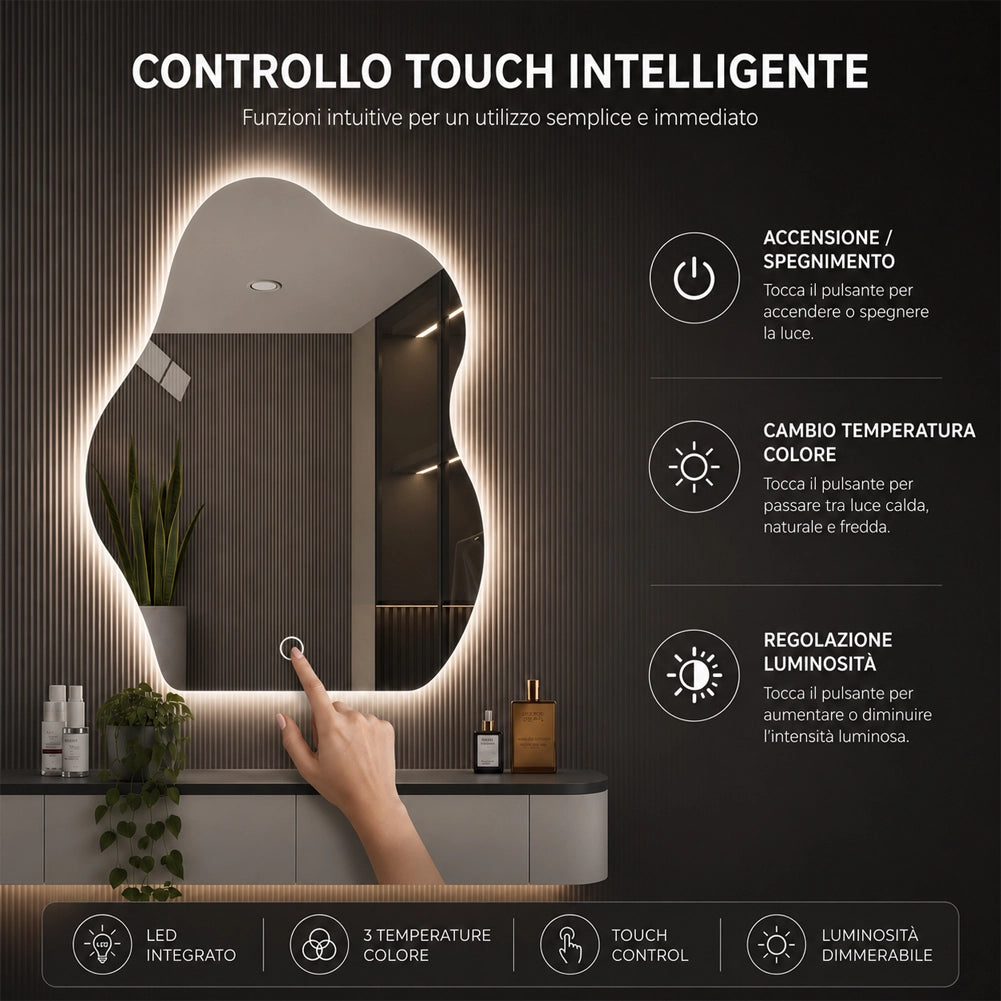 Specchio Forma Ondulata da Parete 50x70cm con Led Bianco Freddo Caldo e Naturale