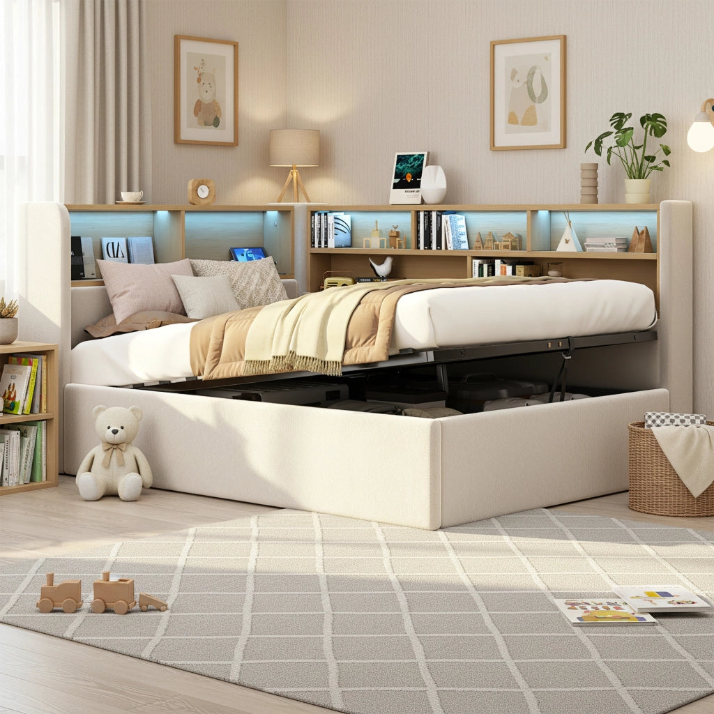 LETTO 90x200 cm con contenitore idraulico in velluto beige, LED, USB e USB-C