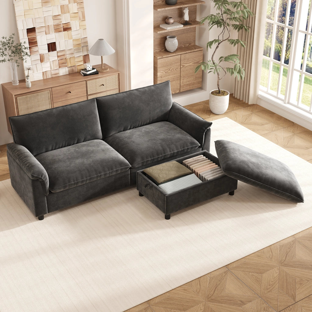Divano modulare con pouf contenitore funzione letto temporaneo schienale alto in chenille nero 216 × 77 × 82 cm