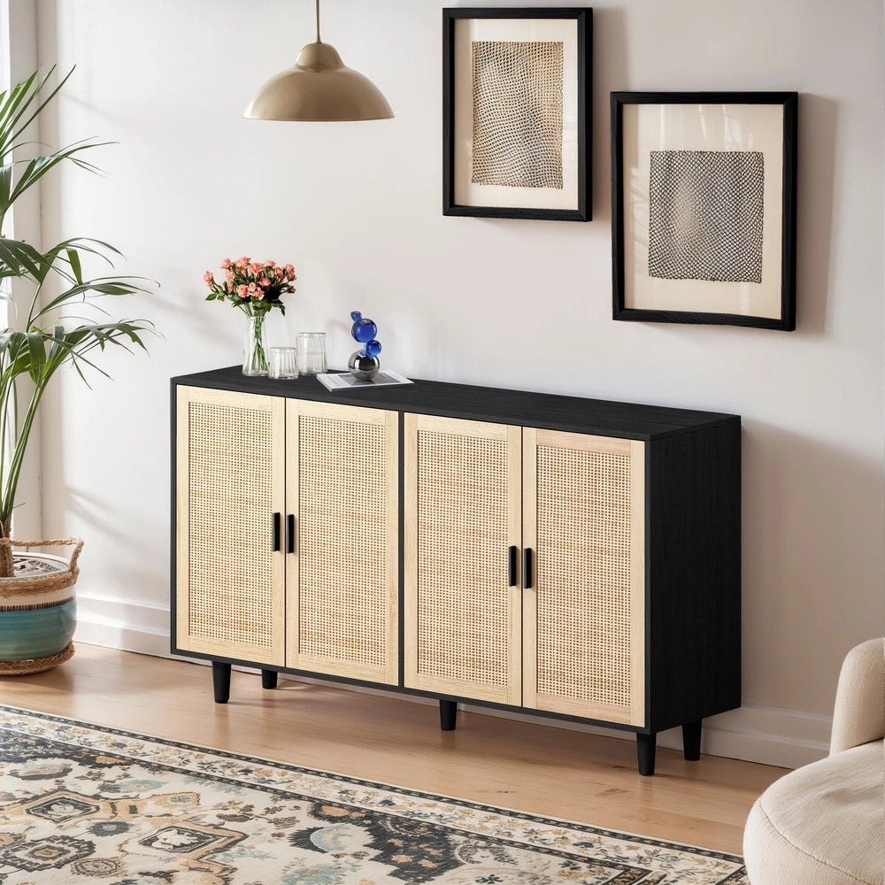 Armadio a 4 Ante in Rattan con Ripiani ¨C MINIMAL ¨C Nero, 158 cm