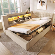 LETTO 140x200 cm con LED, USB e contenitore idraulico, Lino Beige