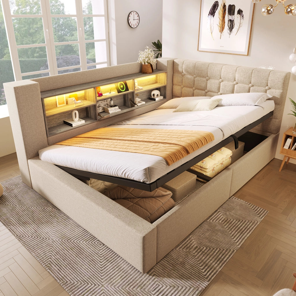 LETTO 140x200 cm con LED, USB e contenitore idraulico, Lino Beige